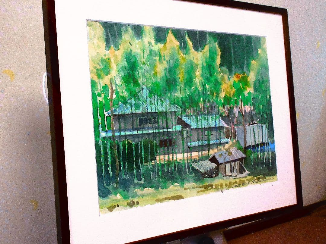 水彩画( 竹林のある屋敷)木製フレーム付き