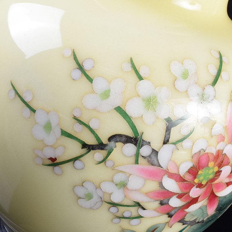 七宝焼 林武生作 黄地 四君子文 花瓶 共箱 M R9341H