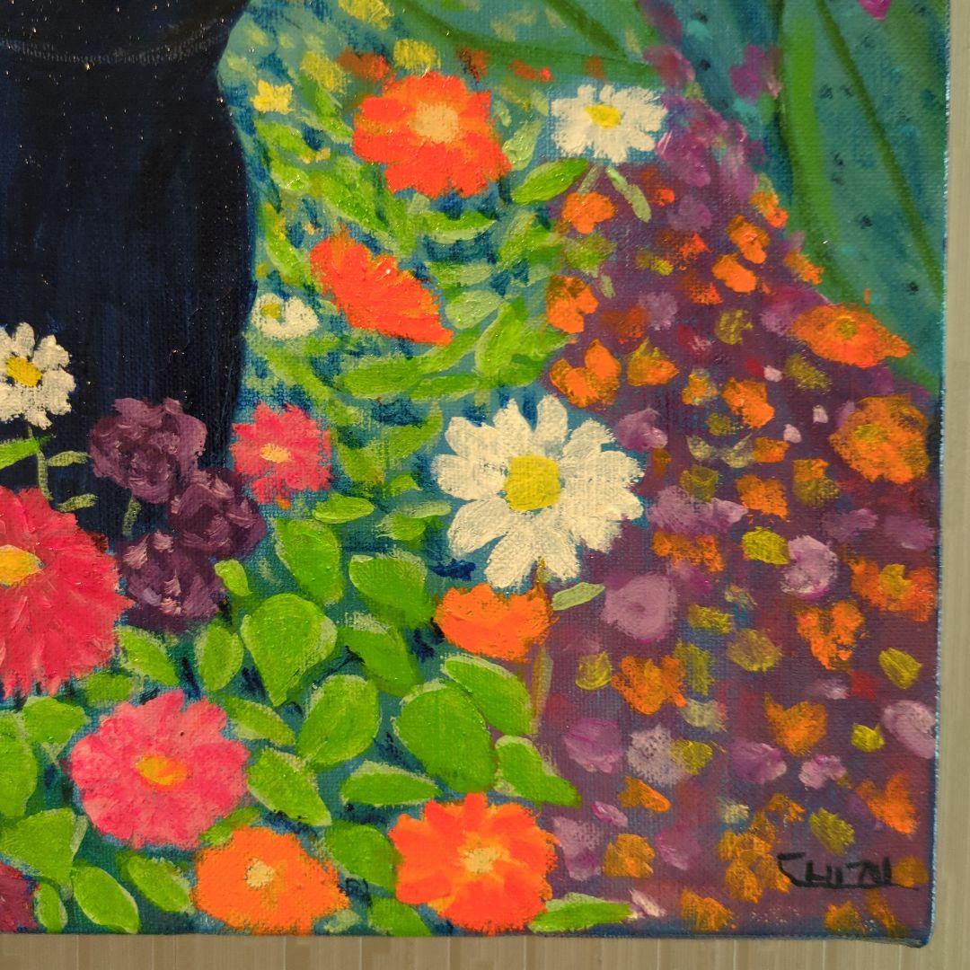 キャンバス油絵 専用 黒猫ガーデン クリムト風フラワーガーデン