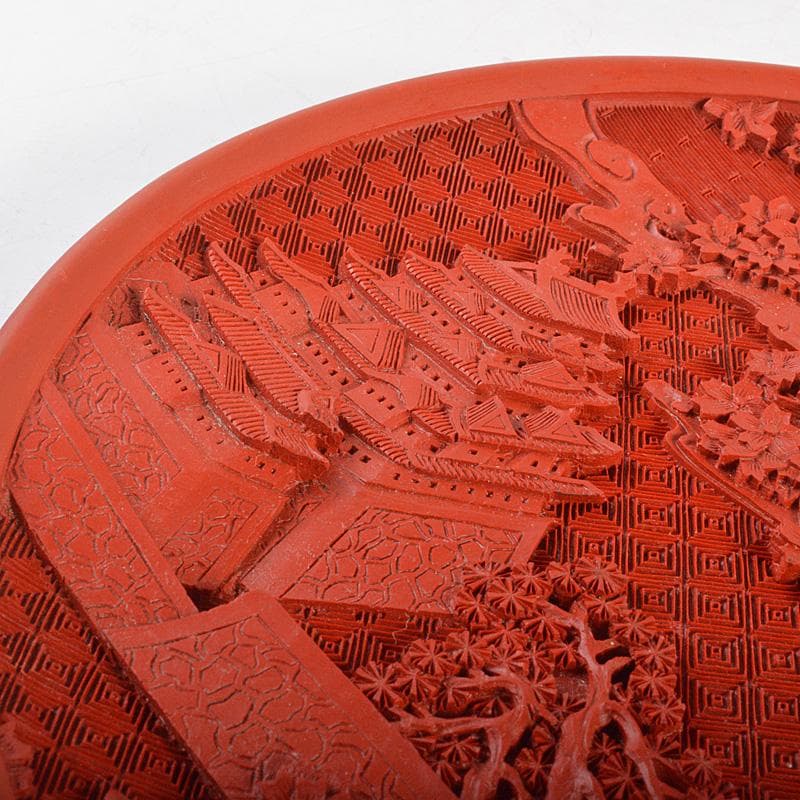 中国　堆朱　山水楼閣文盤　飾皿　飾立付　V　6535