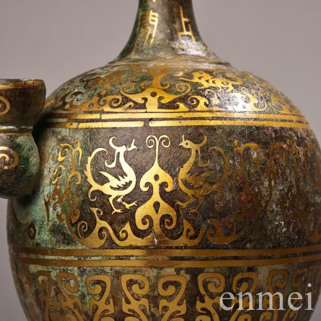 中国古美術・旧蔵搓金装飾と銘文入りの青銅製酒壺と油灯・青銅・純