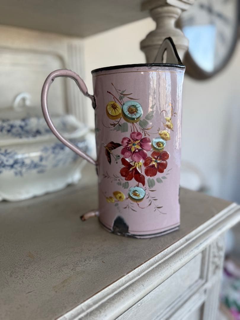 フランスアンティーク激レアピンクの小鳥とお花のハンドペイント