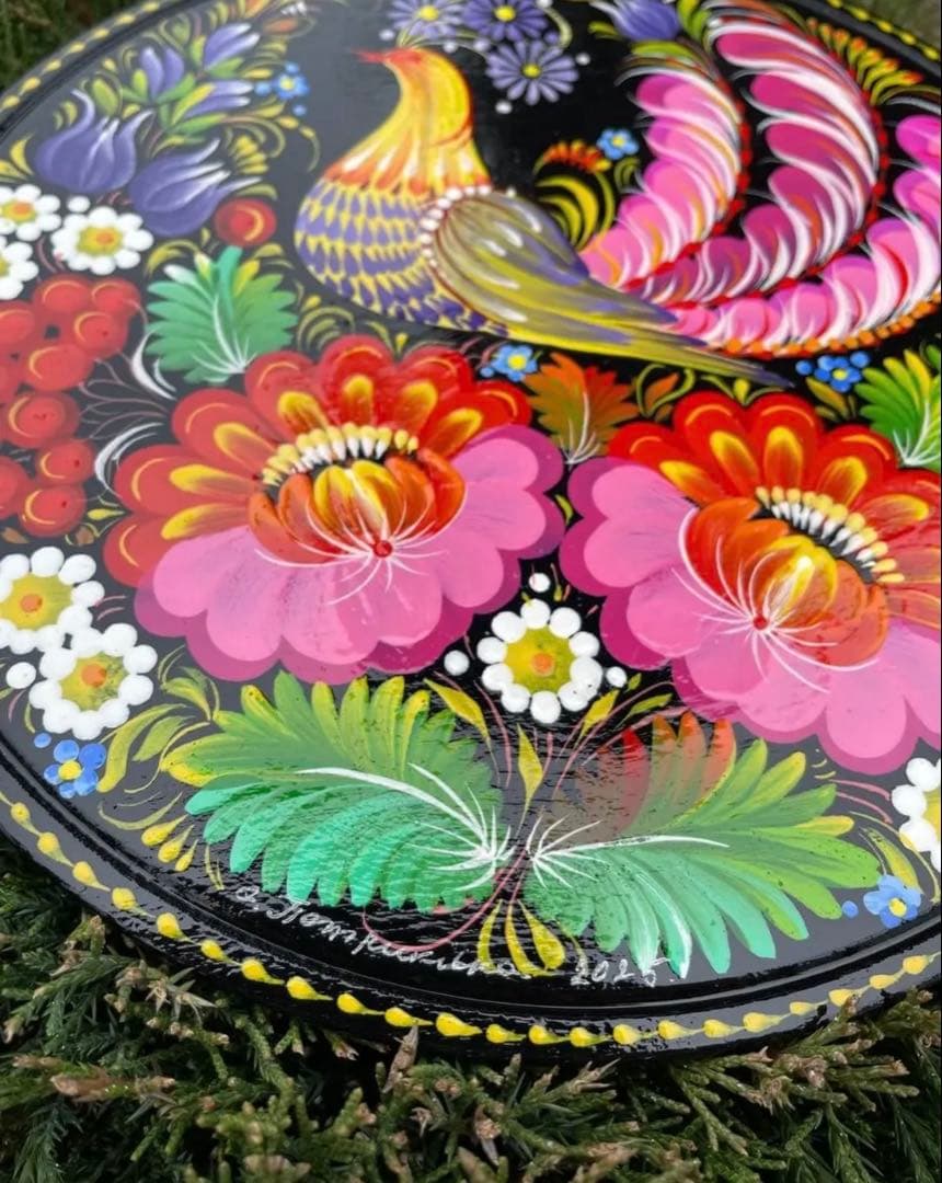 製ペトリキウカ塗りのプレート （ヴァレンティナ・ホロべッツ）20cm