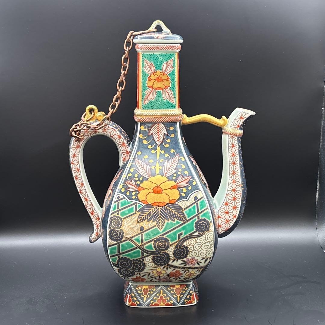 有田焼 林九郎窯 古伊万里様式 染錦牡丹流水文 金彩色絵 水