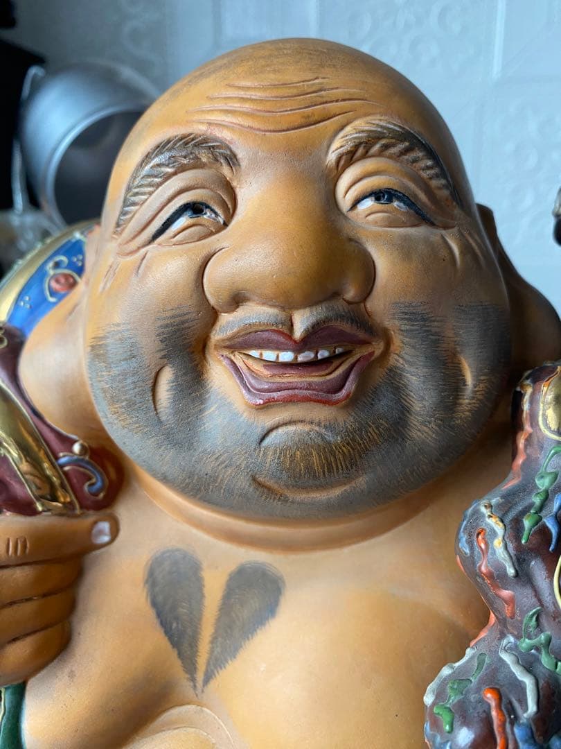 九谷焼 布袋尊 金彩 色絵 布袋像 特大約45cm 美品陶器製 骨董品七福神