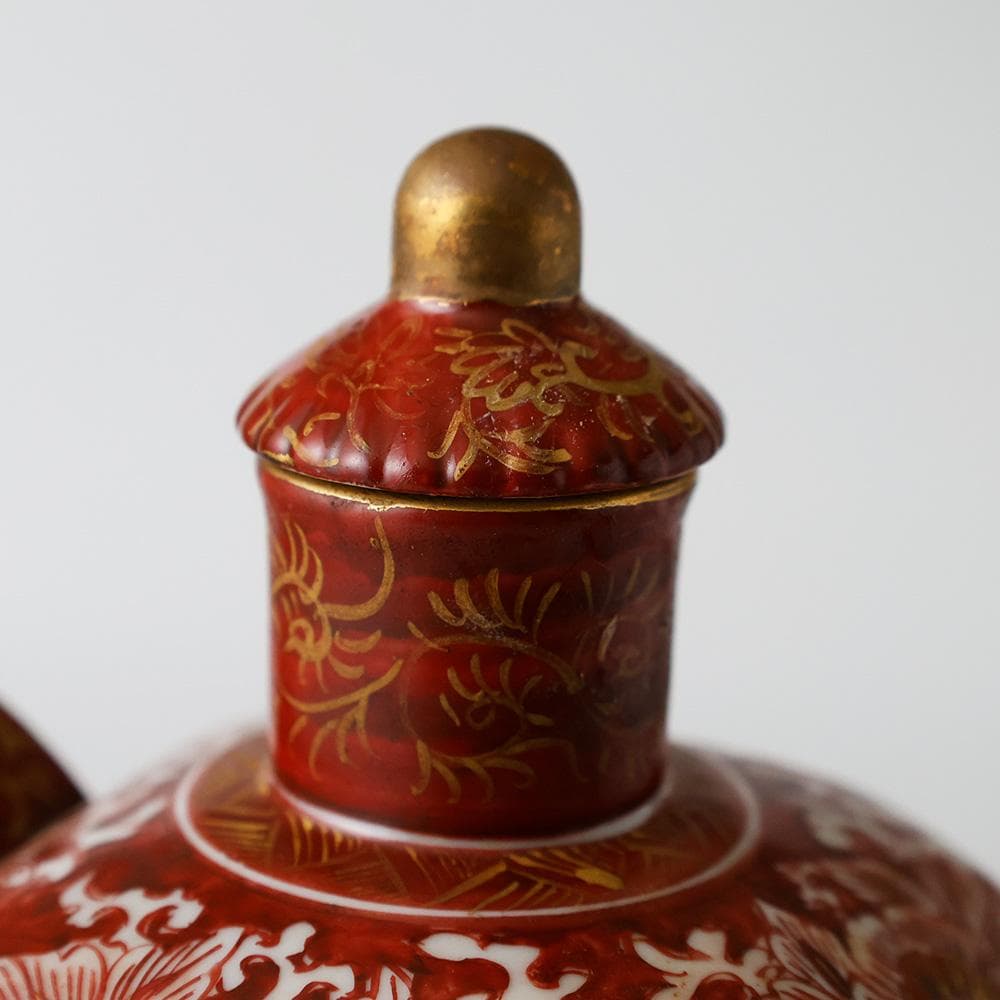 時代年代物 九谷焼 赤絵金彩 唐草 花鳥 楼閣図 水注