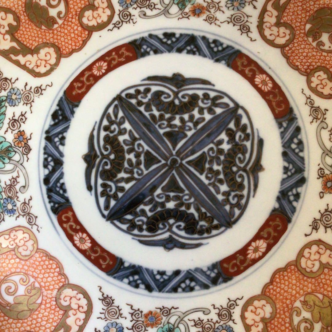 No4177古伊万里 赤絵金彩花鳥文 輪花大皿 直径40.5cm 飾皿 送料