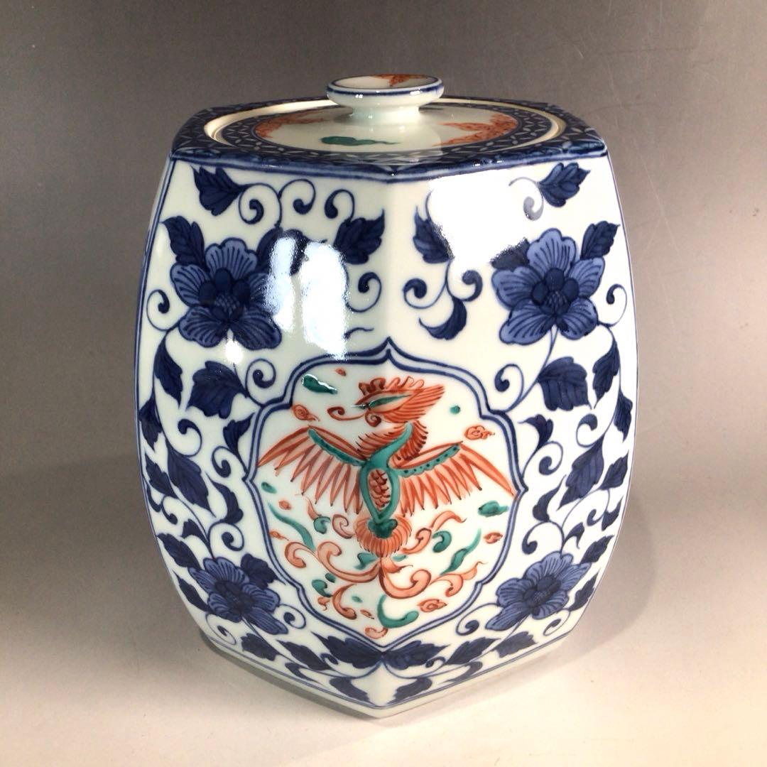 P324 水指 『平安 手塚玉堂造』『染付赤絵』『六角水指』 共箱