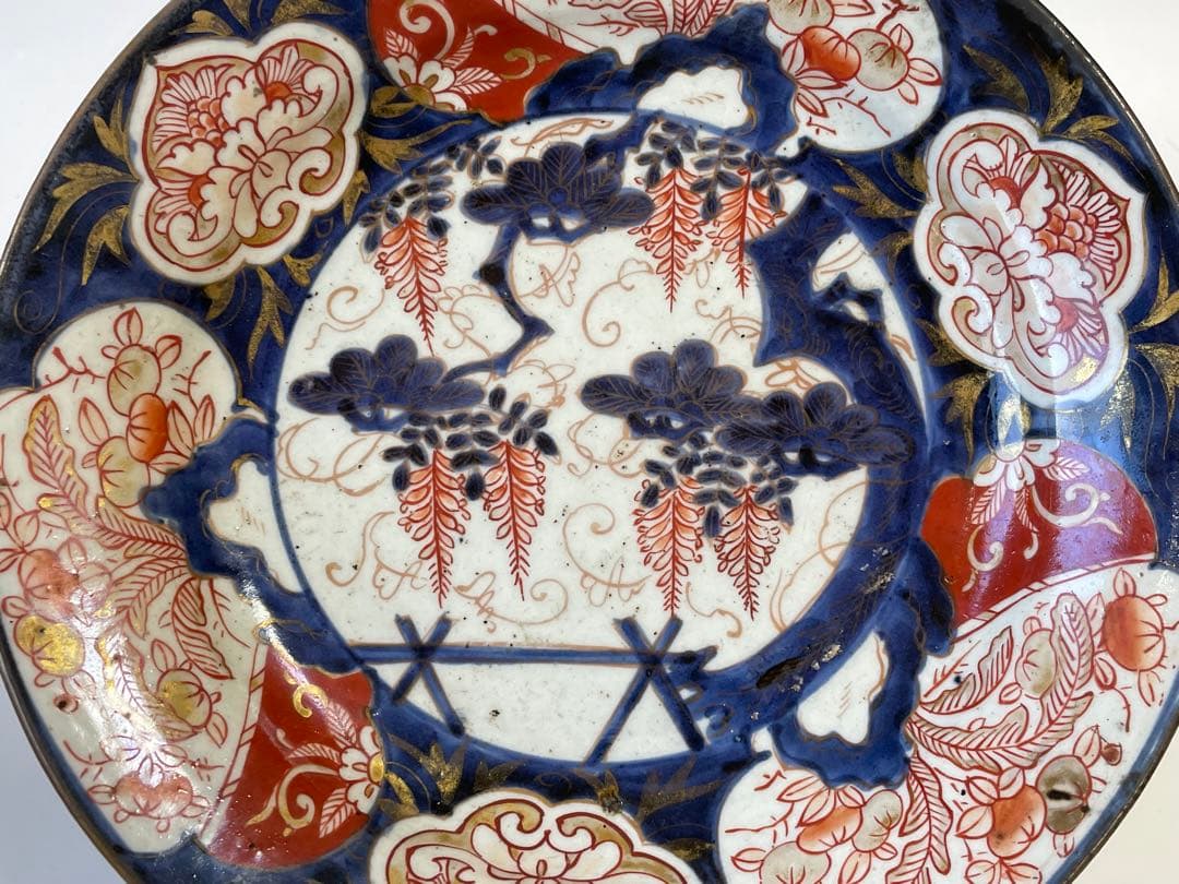 骨董　アンティーク　古伊万里　輸出伊万里　藤文様　藤棚　金襴手　色絵　丸皿　皿