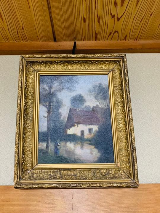 19世紀イギリス油絵、小池側の家