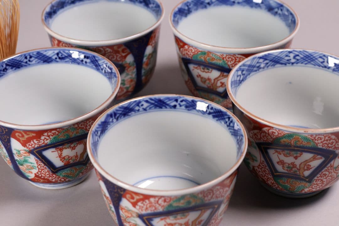 【CM125】古伊万里 扇面 色絵向付 五客 猪口 小鉢 扇面 草花 唐草 錦