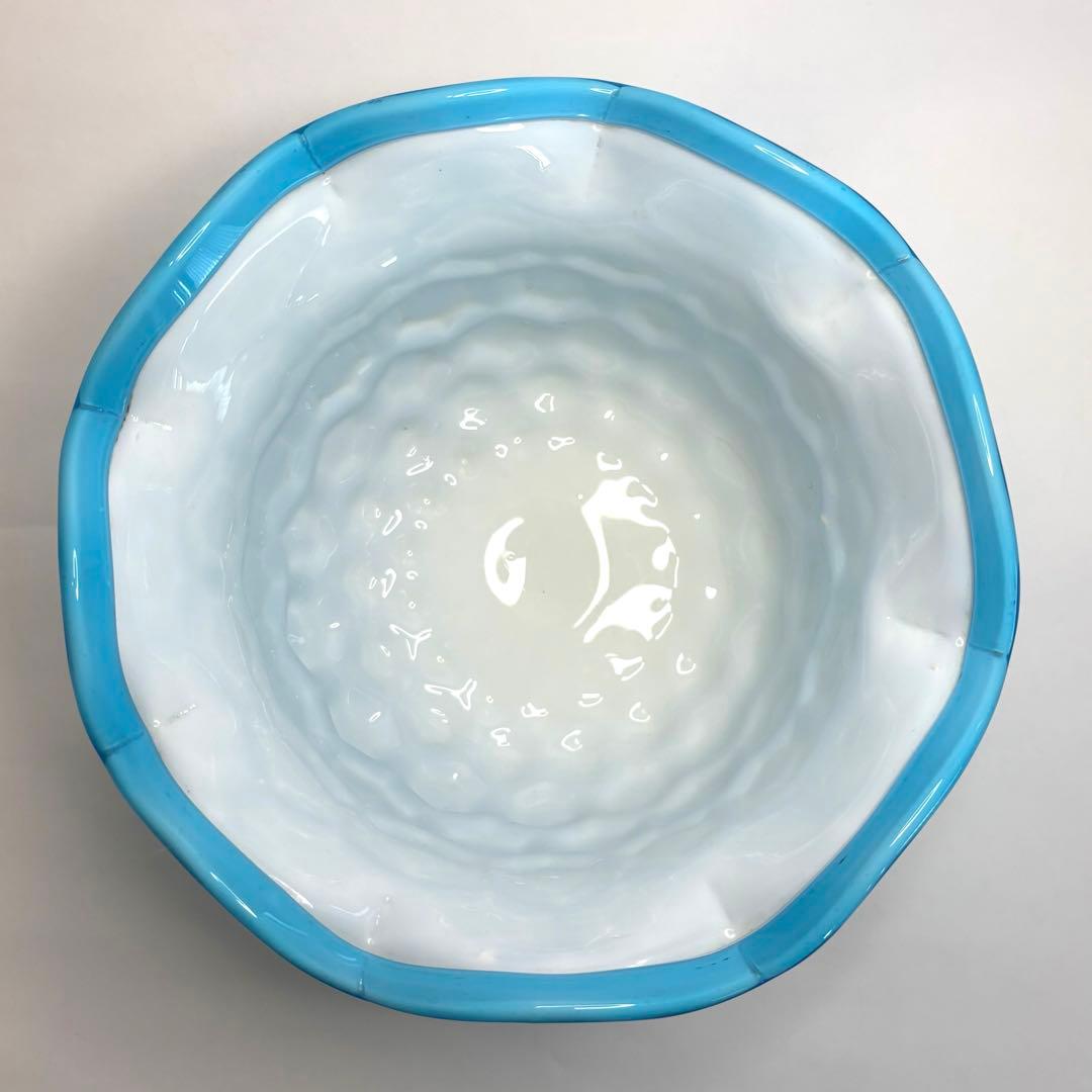 昔ガラス アンティーク 花縁 フリル 亀甲紋様 ガラス コンポート ブルー