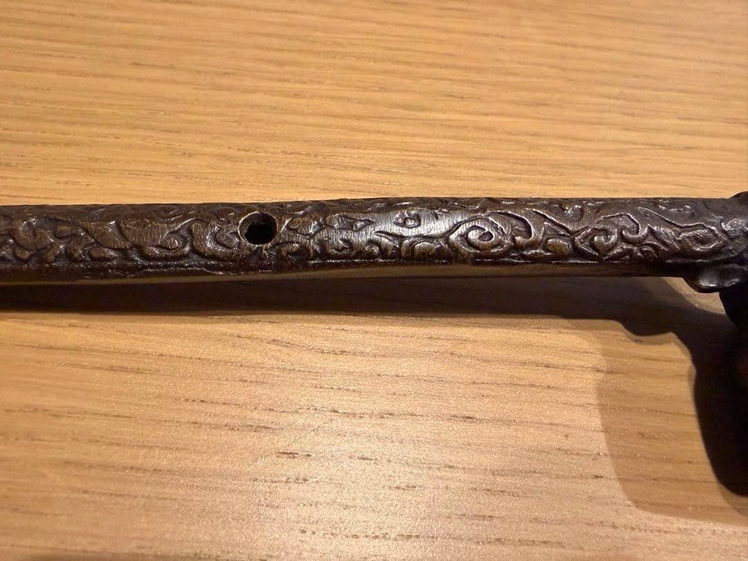 【骨董品】明治時代 龍紋/唐草彫刻 銅製 矢立 携帯用筆記具 アンティークA