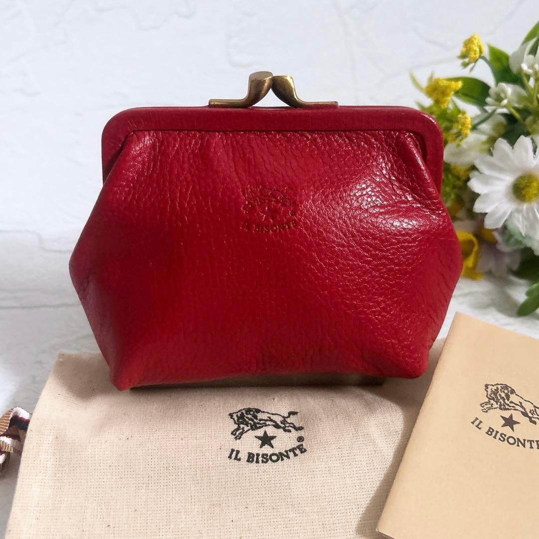 《美品》IL BISONTE レザー がま口 ケース 小銭入れ 赤 保存袋