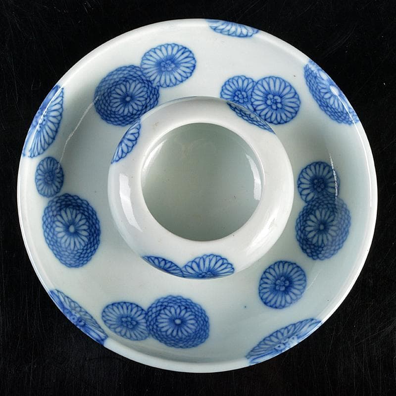 三川内焼　平戸焼　染付　菊文　盃基　盃台　時代箱付　M　R5994