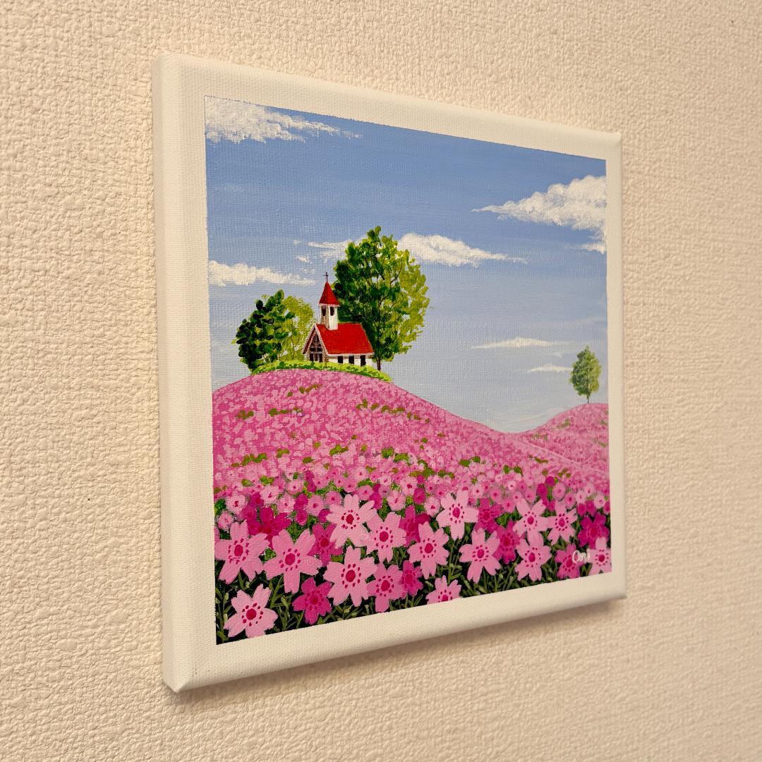 アクリル画 原画 「芝桜の咲く丘02」 SSMサイズ 風景画 キャンバス