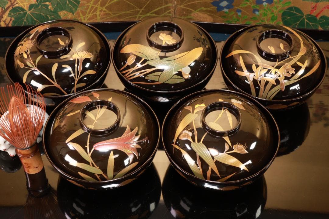 Akiko様専用 輪島塗 図替わり 草花蒔絵 吸物椀 五客 木製 BJ118