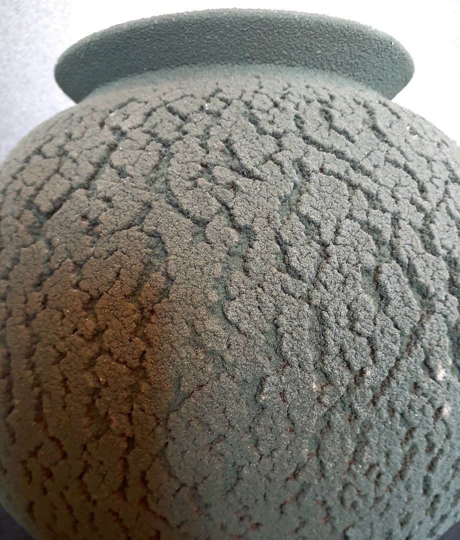 益子焼 【河原建雄】作 松皮紋 苔釉 大壺 花入れ 花瓶 共