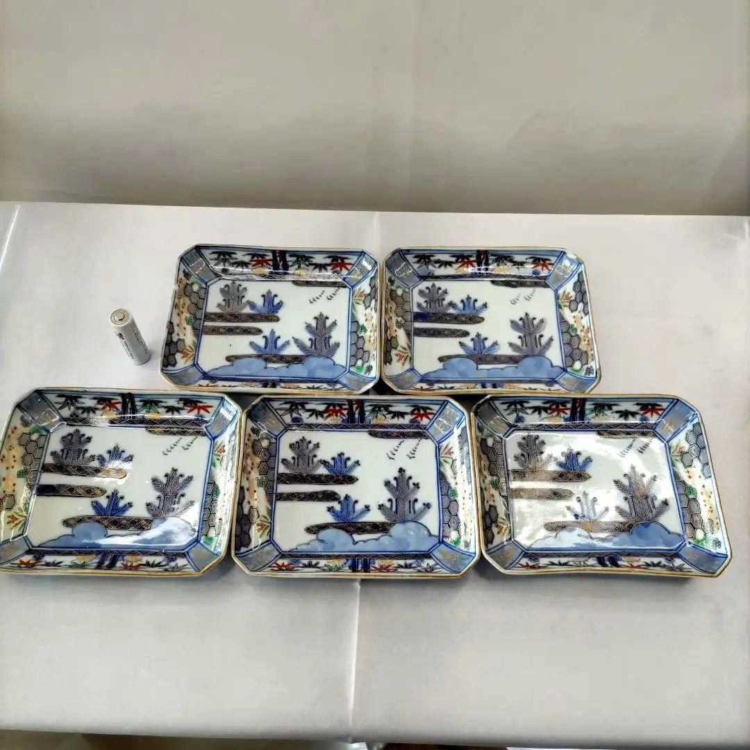 骨董 有田焼 伊万里焼 古伊万里 金彩 色絵 小皿 長角皿 角皿 5客セット