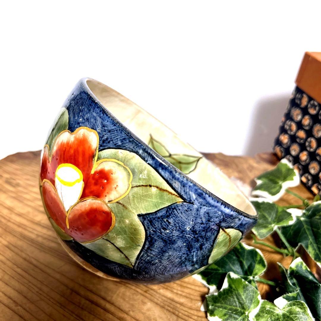 未使用　京焼　清水焼　土渕陶葊　陶葊窯 陶あん絵付　椿柄　中鉢　菓子鉢　茶道