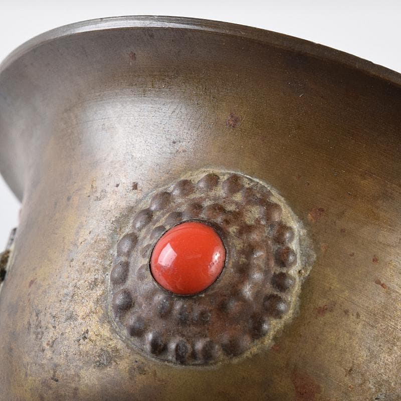 中国　古銅　鹿刻　玉石装飾　稀石嵌込　高足盃　杯　時代箱付　V　R8138