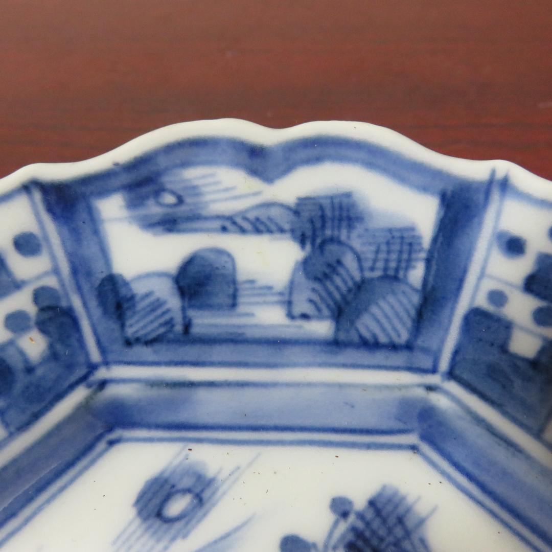 皿 4枚 染付 山水文様 幾何学 唐草 八角皿 変わり縁