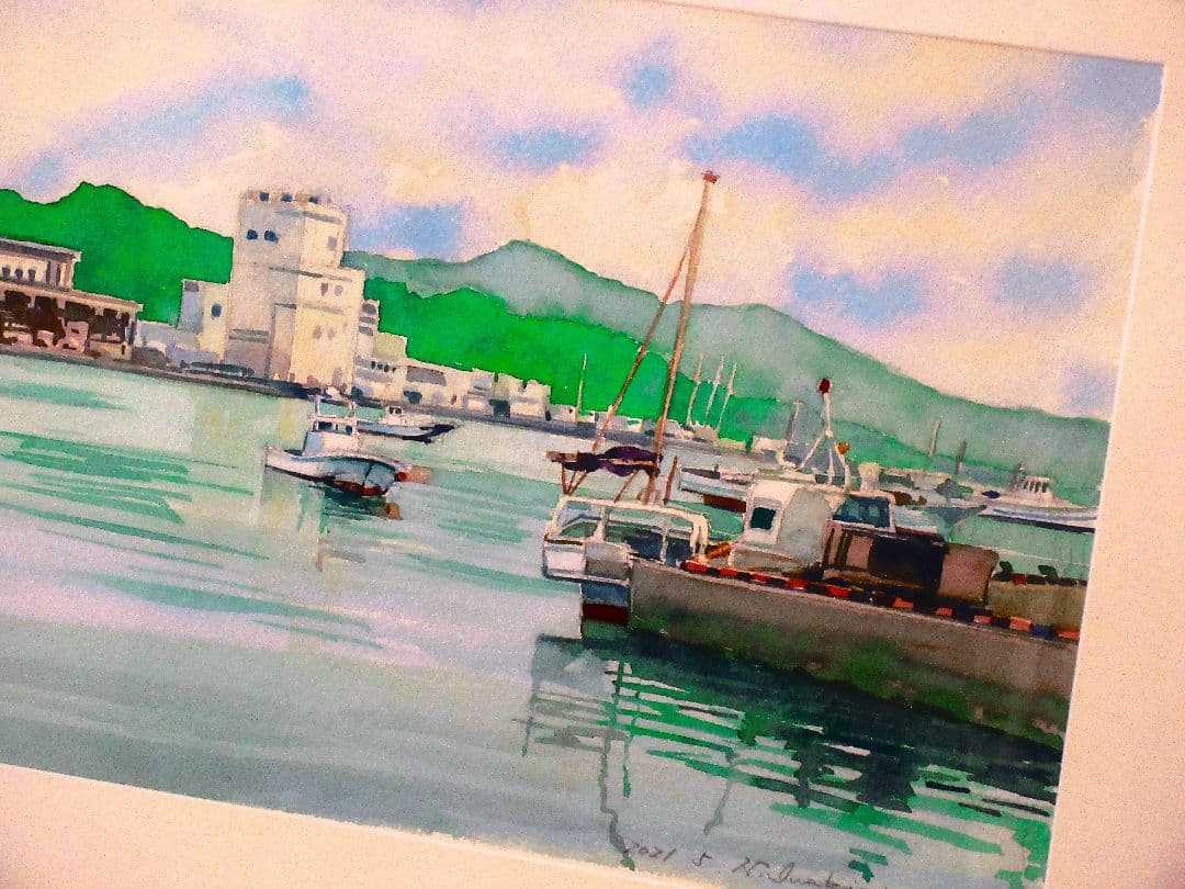 港の風景 水彩画 原画 F6サイズ額装済み