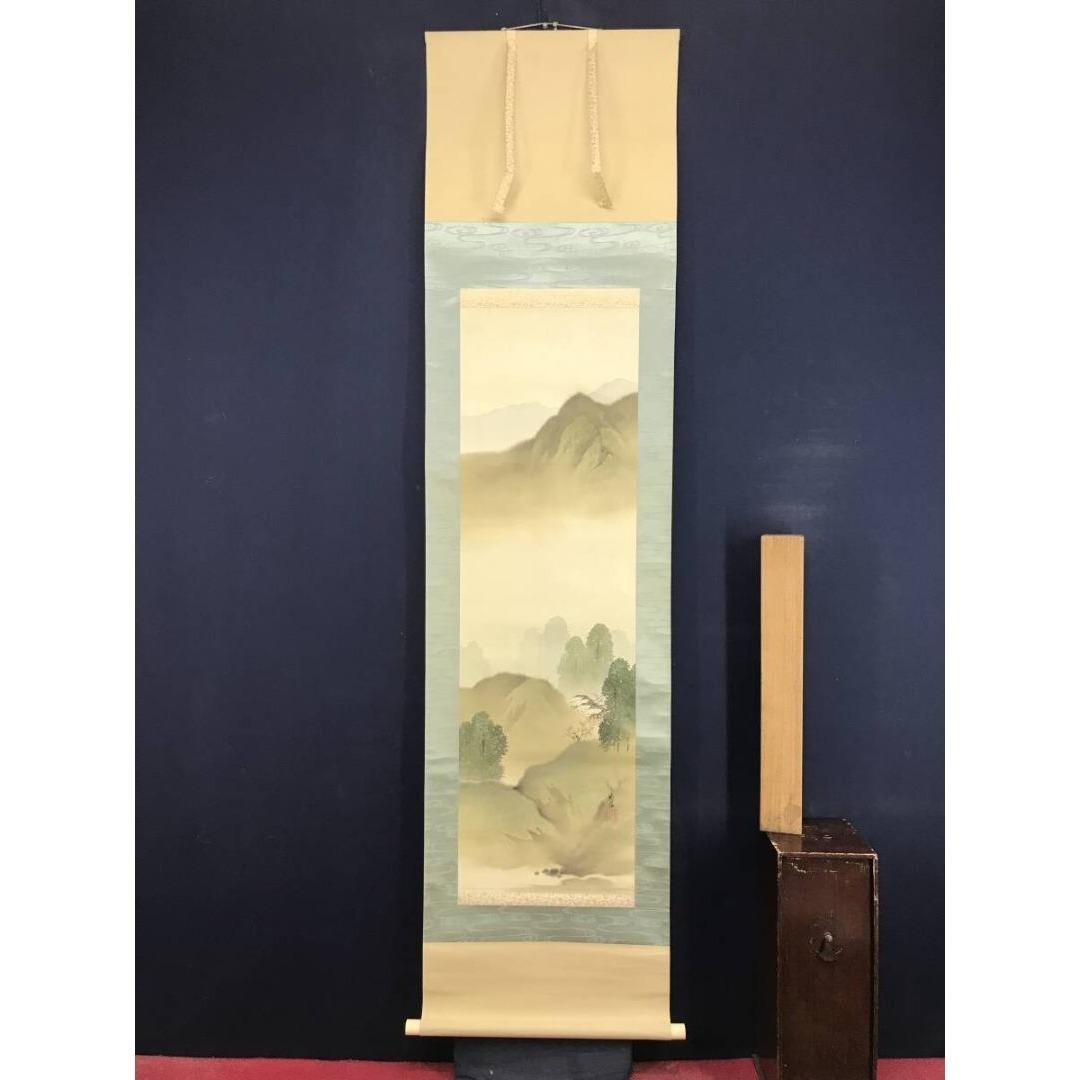 真作/尾竹竹坡/春景山水図/春の掛軸/掛軸/名家伝来/AK-452