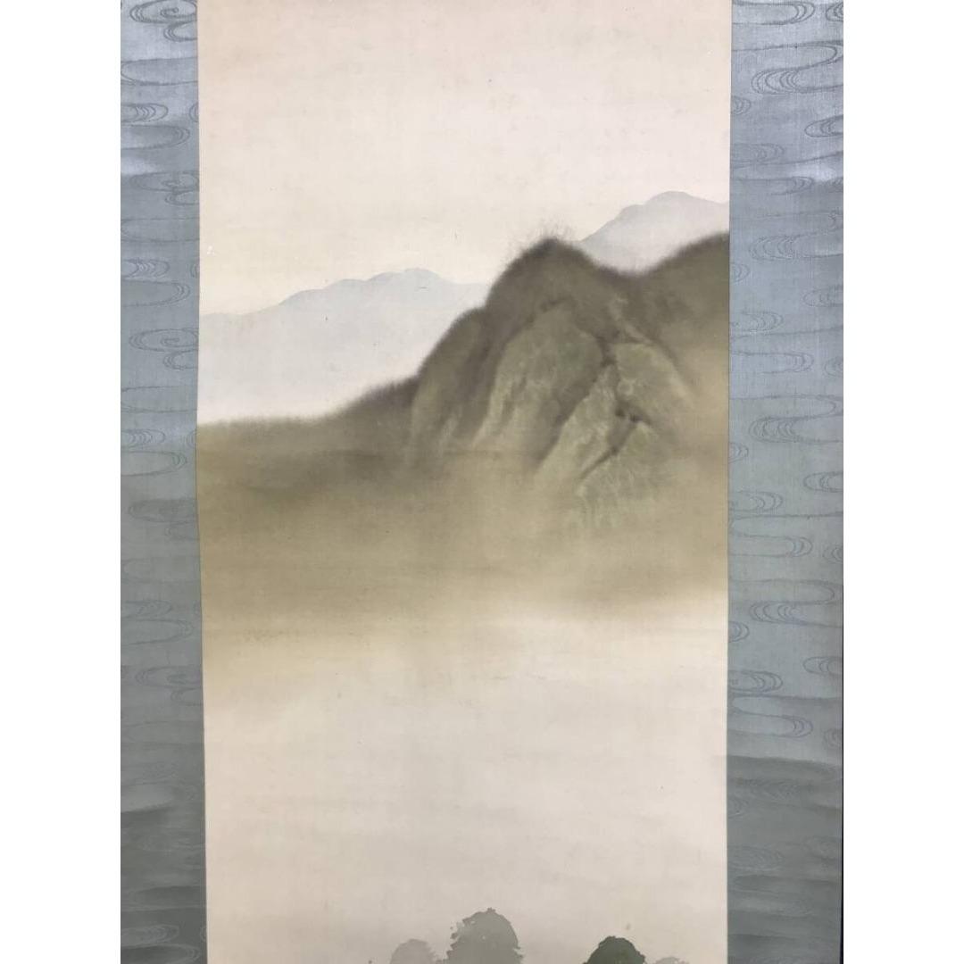 真作/尾竹竹坡/春景山水図/春の掛軸/掛軸/名家伝来/AK-452