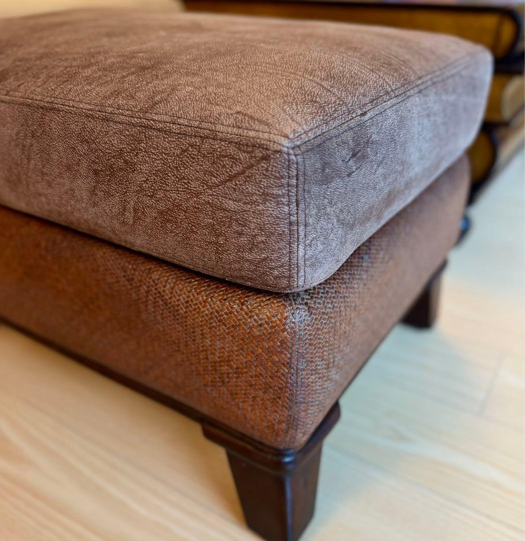 高品質な革張り＆ラタン オットマン スツール