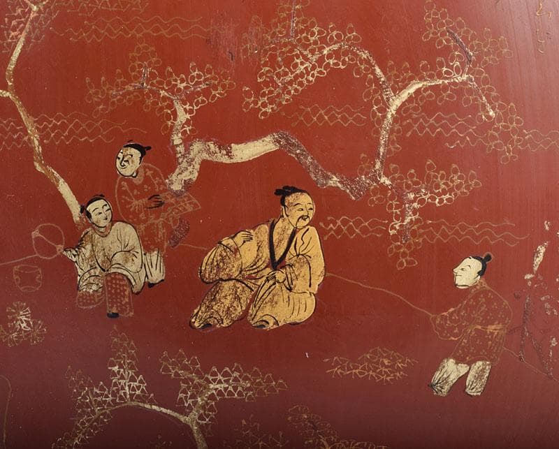 中国　康煕年製　乾漆朱漆金蒔絵山水人物文扁壷　V　3905B