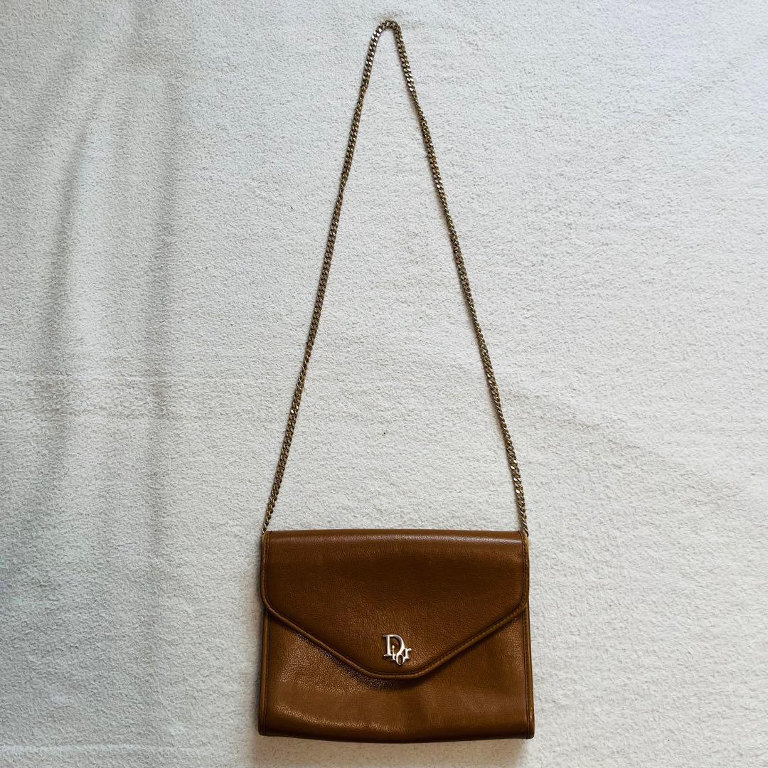 クリスチャンディオール ロゴチェーンショルダーバッグ シボ革 ブラウン 2way