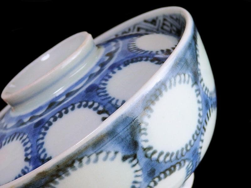 古伊万里　染付　雪輪紋の図　蓋茶碗　E857AS-fbpz