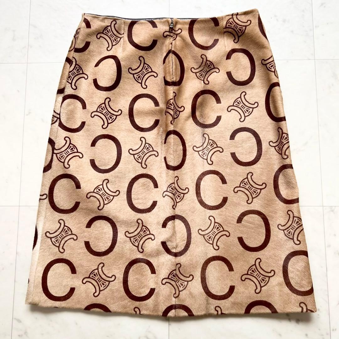 極美品 CELINE Cマカダム トリオンフ ハラコ スカート キャメル 42
