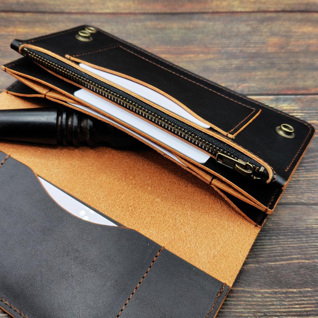 ロングトラッカーウォレット 栃木レザー ハンドメイド 本革 茶芯ブラック