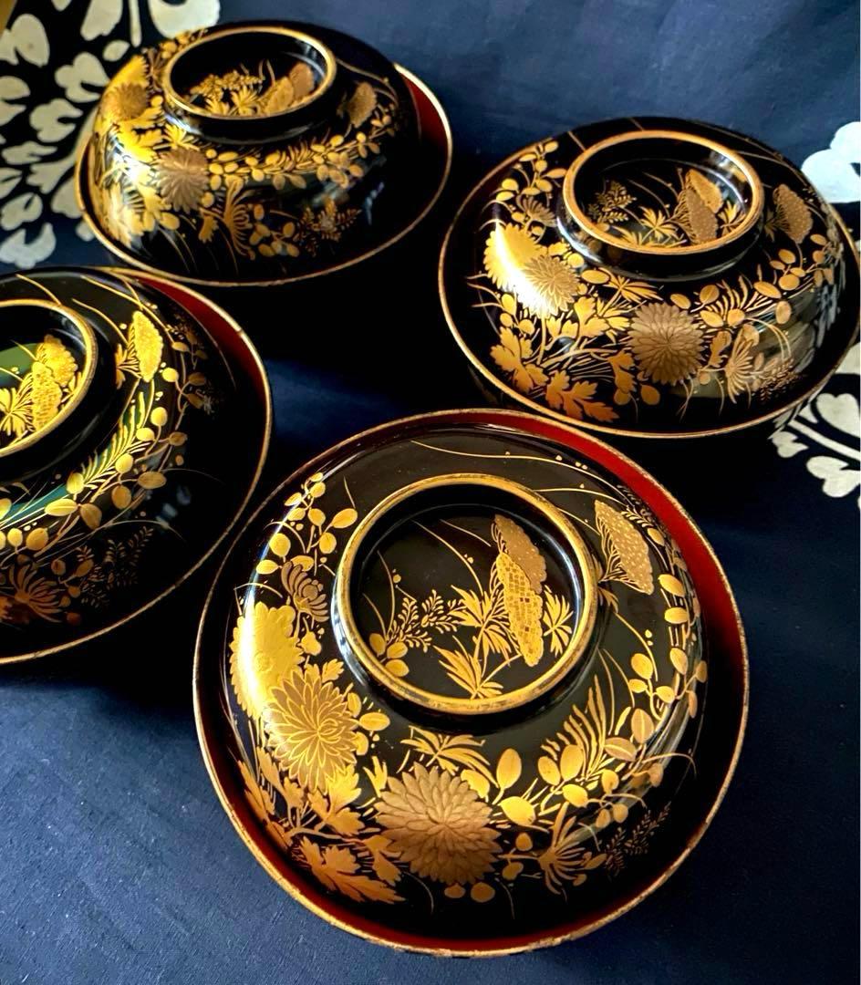 金線蒔絵 大ぶり 蓋付き お椀 朱塗皿つき 2way 多用途 溜塗 日常使いの