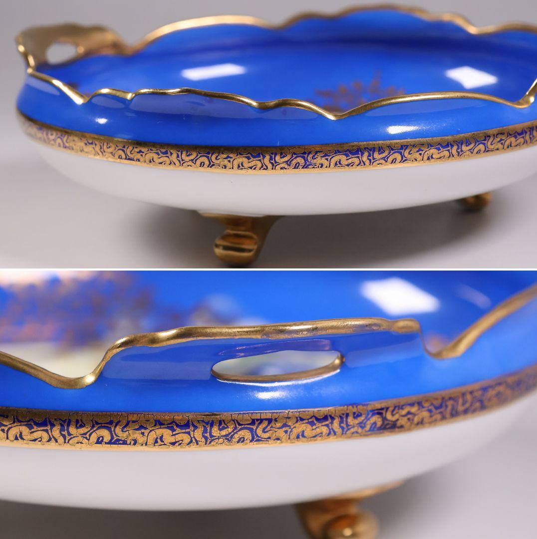 【CM310】オールドノリタケ 風景 白鳥 三足鉢 皿 湖畔 金盛 青 明治