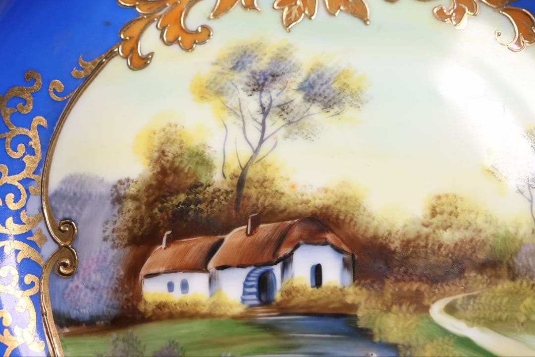 【CM310】オールドノリタケ 風景 白鳥 三足鉢 皿 湖畔 金盛 青 明治