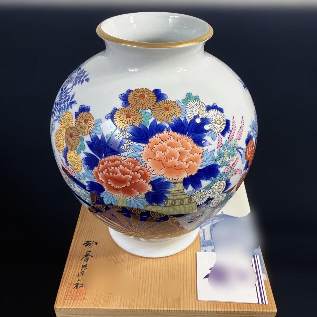 宮内庁御用達香蘭社花瓶「染錦花車」　高級花瓶 宮内庁御用達香蘭社花瓶「染錦花車」 高級花瓶 宮内庁御用達香蘭社花瓶