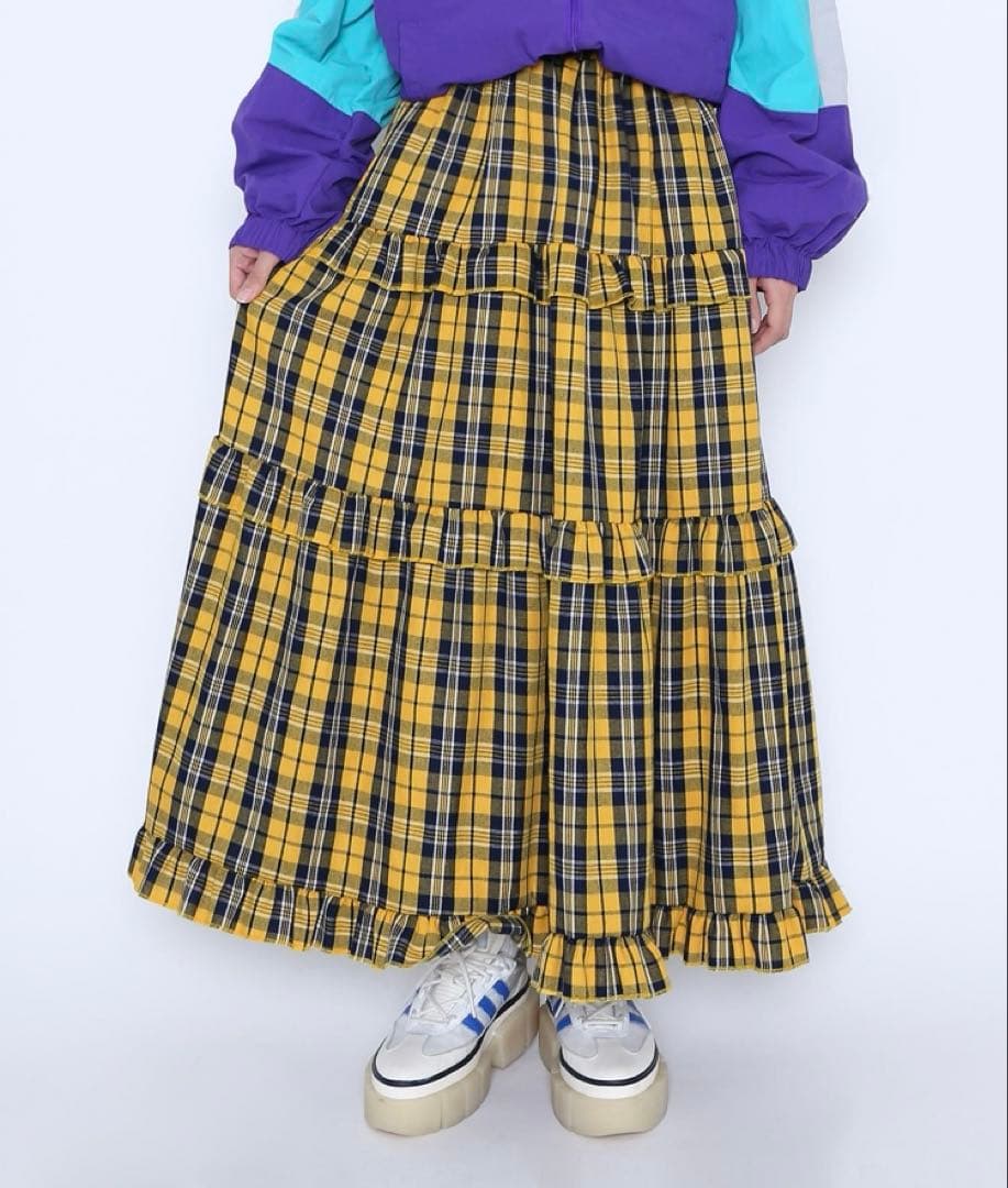 チェック フリル ティアード ロング スカート イエロー - メルカリ