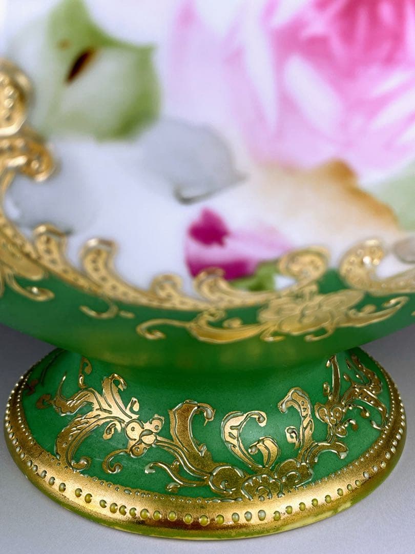 美品】オールドノリタケ ジュエル 翠地金盛り蝶 薔薇紋花瓶 ジュール