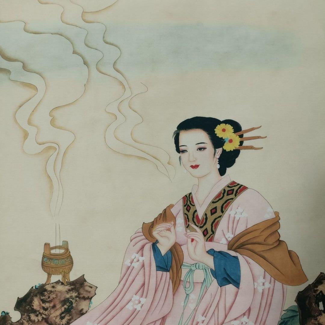 唐寅・貂蝉拜月図 中堂掛軸 帯証書・防偽標識付き 宣紙装裱／美術装飾