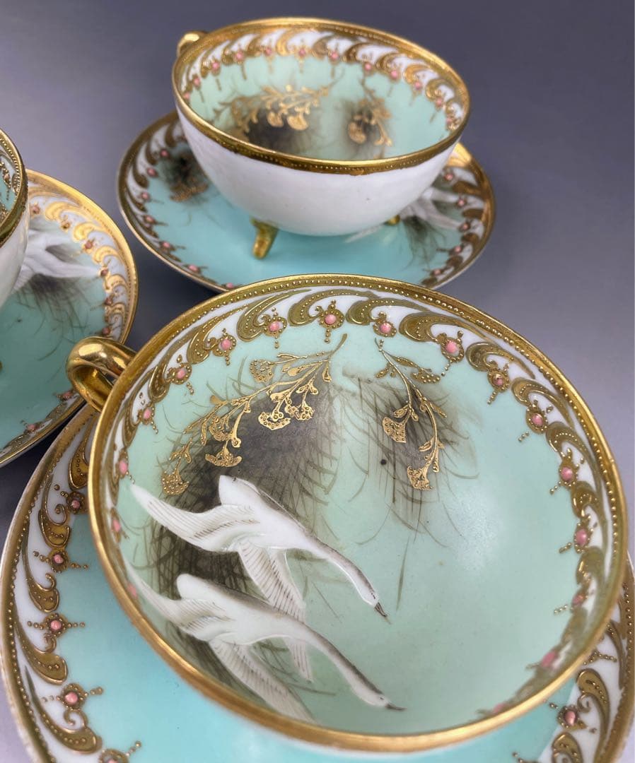 【希少】オールドノリタケ フライングスワン 脚付きティーカップ ソーサー 3客