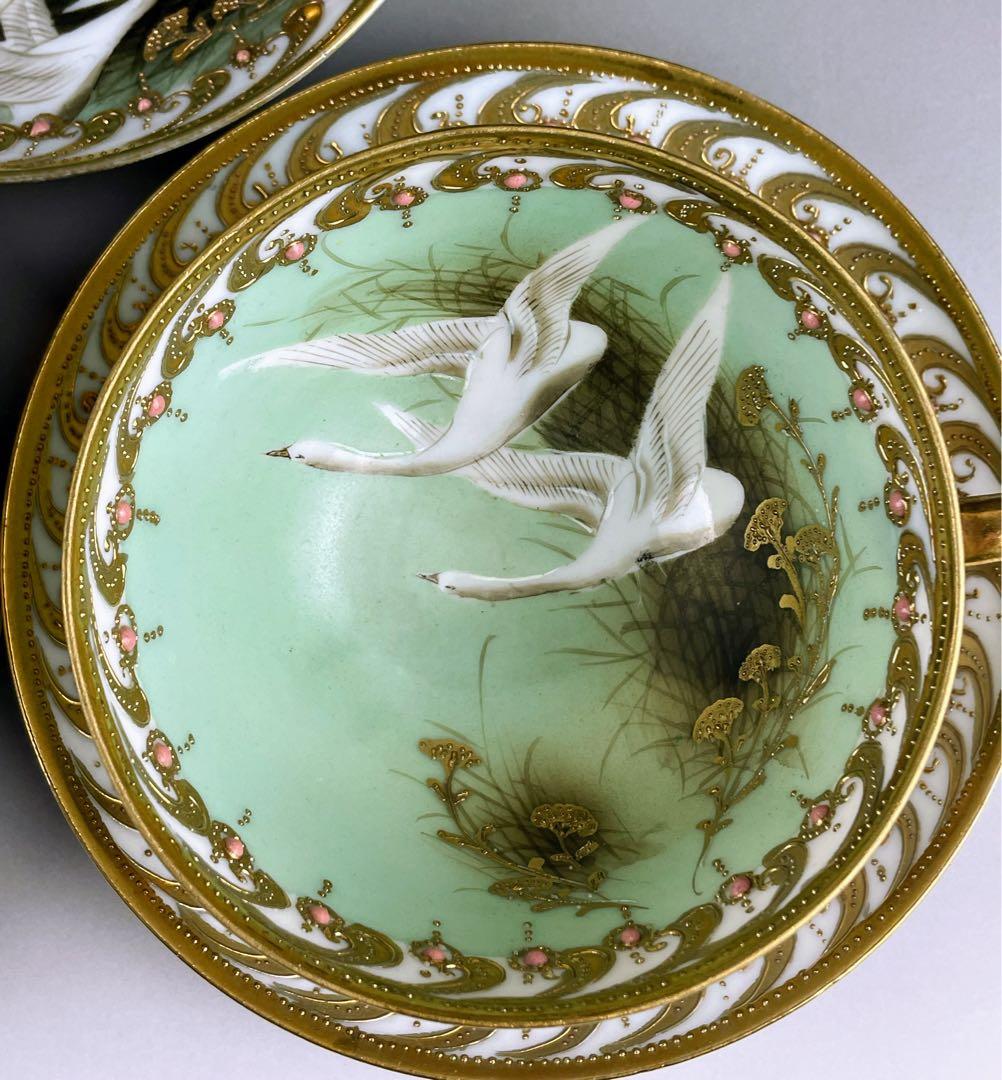 【希少】オールドノリタケ フライングスワン 脚付きティーカップ ソーサー 3客