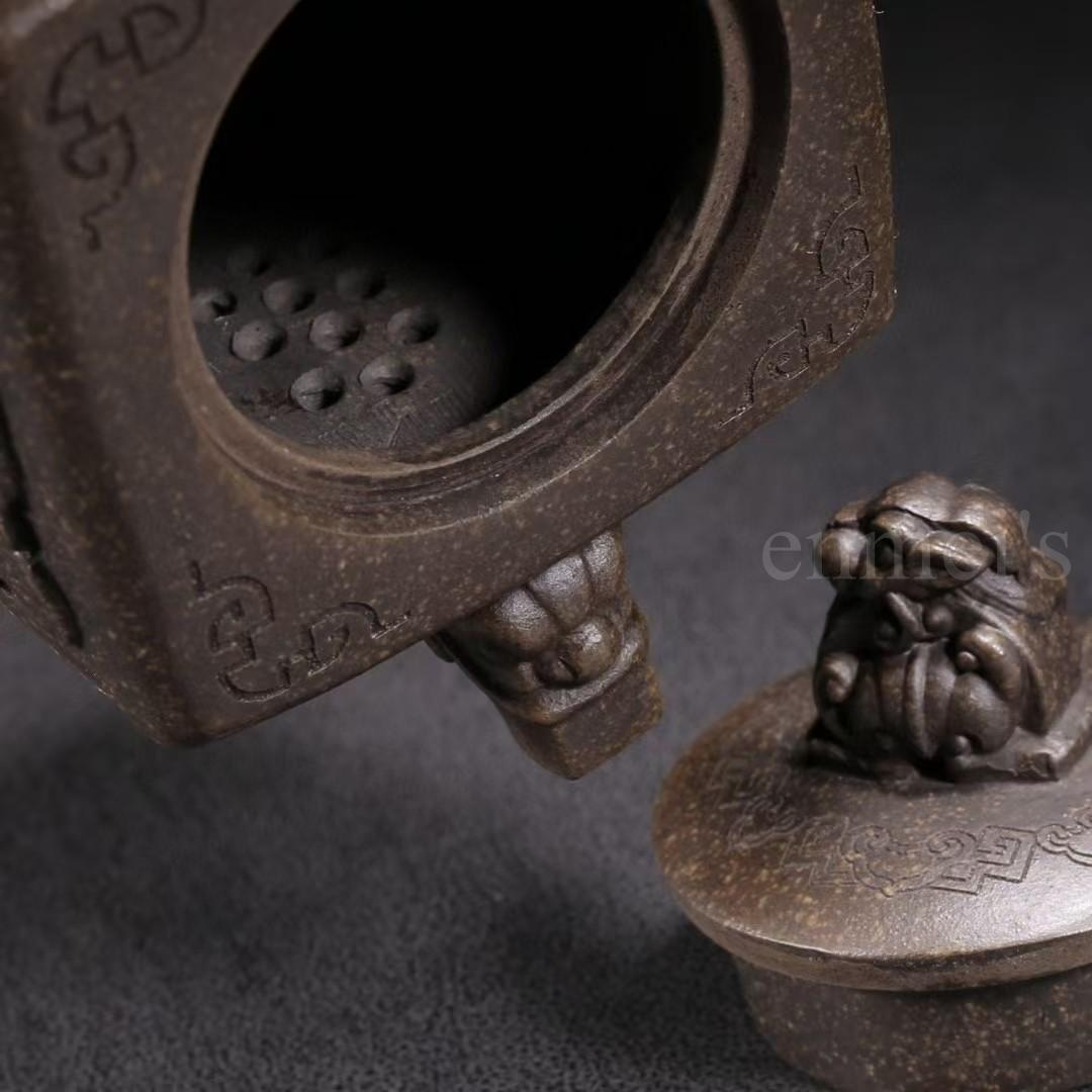 中国古美術・原鉱古銅泥四方獅頂紫砂壺・底款：顧景舟・紫砂壺・急須