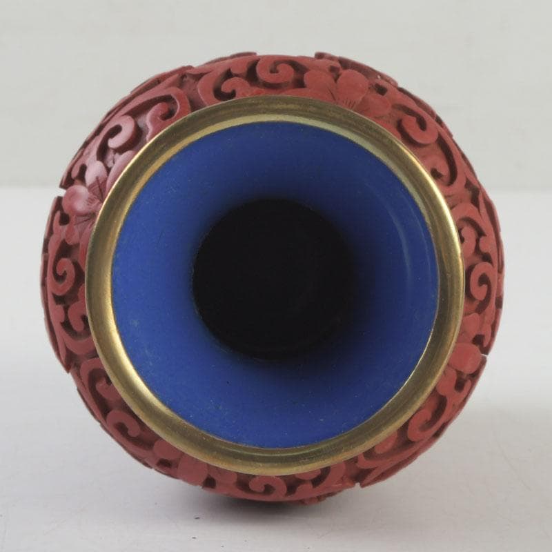 中国　剔紅　堆朱　内七宝　花文　花瓶　唐木台付　V　9255