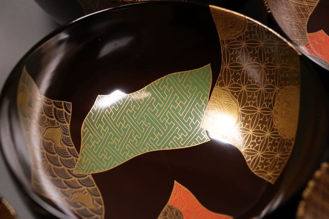天然木漆塗 小紋伝統柄 蒔絵椀 五客 木箱入 黒塗 木製漆器 汁椀【CL65】