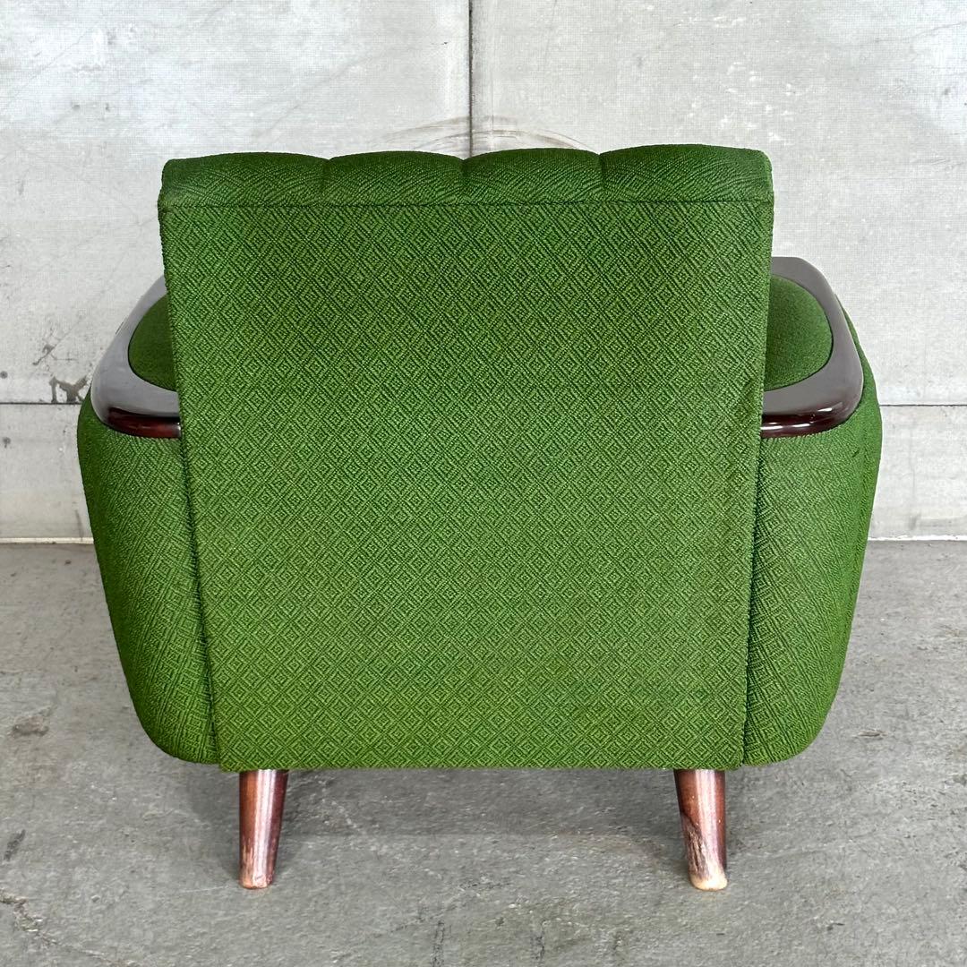 ✦70S✦ 昭和モダン 深緑ファブリック 木肘一人掛けチェア レトロ