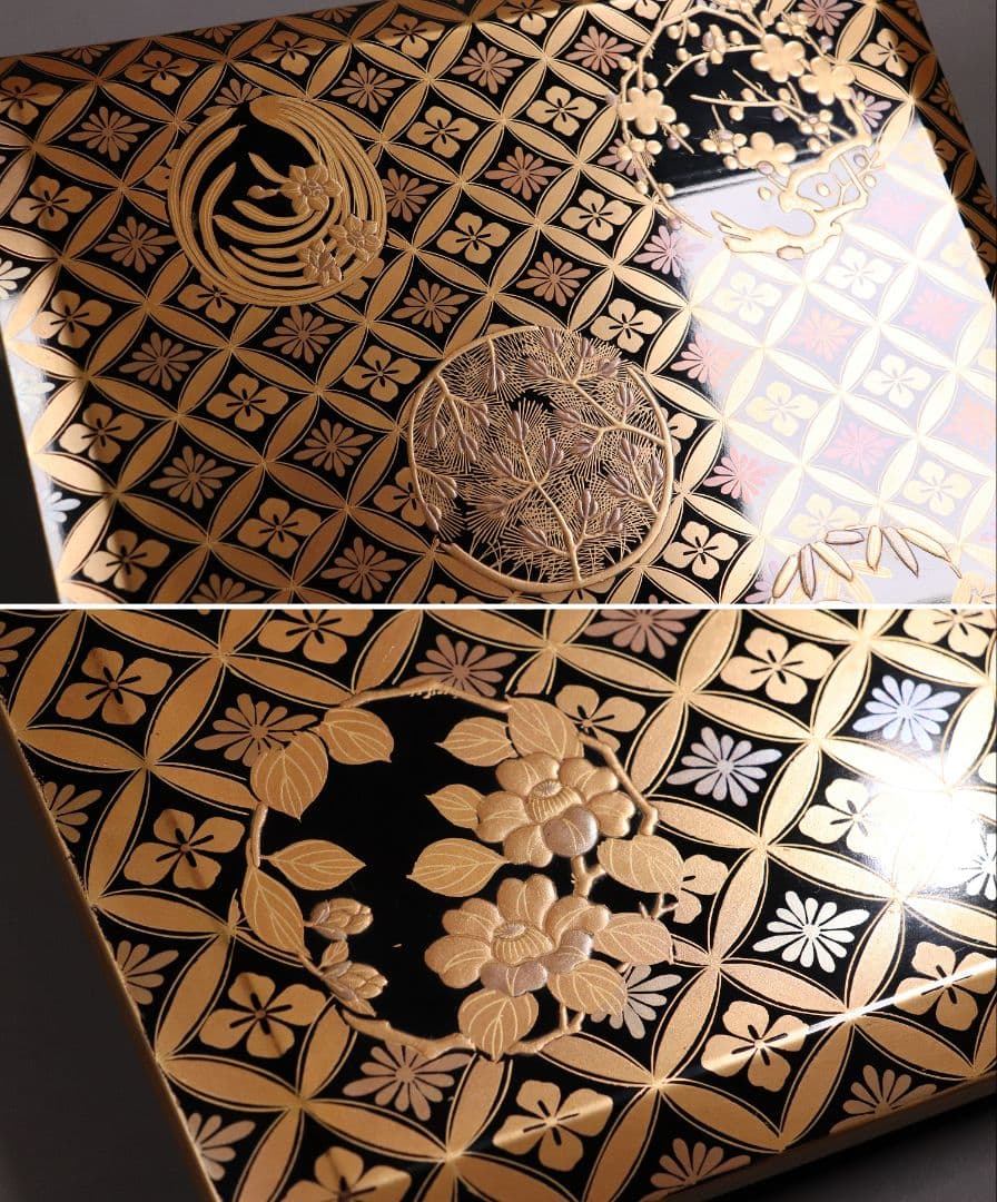 MA322 時代木製漆器 総蒔絵総梨地 花七宝 花の丸蒔絵 五段重 山水 二枚蓋