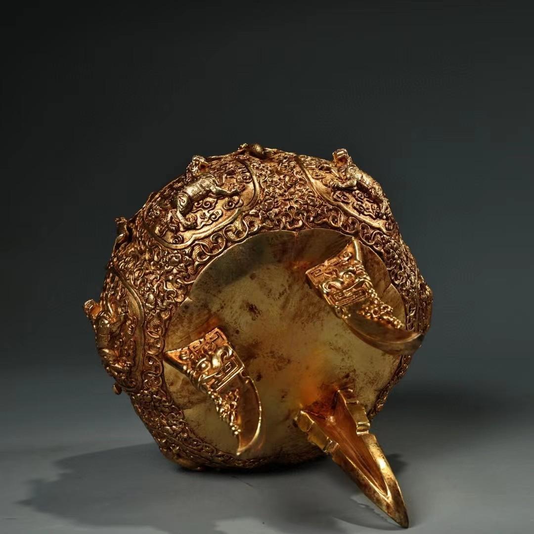 中国古美術・旧蔵鎏金熏香炉・純銅細密彫・純手作り・高浮彫・